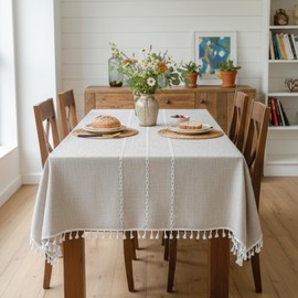 Linen Rectangle Table Cloth Neutral Textured Rustic Tablecloth, Wrinkle Free Washable Burlap Table Cover with Tassels for Kitchen Dining Holiday Parties（55 x 87 inch, 6-8 Seats）