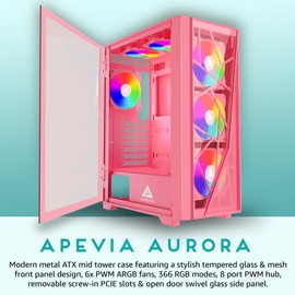 Apevia Aurora-PK Aurora Mid Tower Gaming PC Case w/ 6X 120mm PWM ARGB Fans, 366 RGB Light Modes, 1x Glass & Mesh Front Panel, 1x Door Swivel Style Magnetic Glass Side Panel, 2X USB3.0, Pink…