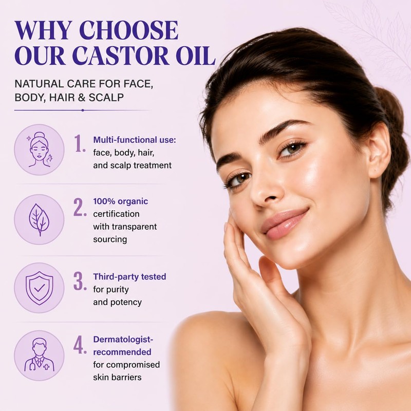 Organic Castor Oil Roll On Cold Pressed for Face,Hair,Brows, 1.7