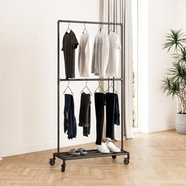 pamo Heavy duty clothes rack with wheels - Industrial pipe clothing rack metal black - Portable clothes rack on wheels - LAS ROLL