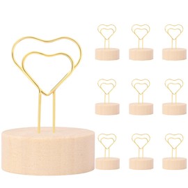 Oubest Gold Table Number Holders & Place Card Holders with Heart-shaped Metal Wire and Wooden Base - 10 PCS Picture Photo Sign Stands for Table, Centerpieces, Wedding, Party, Birthday Decor, Gold
