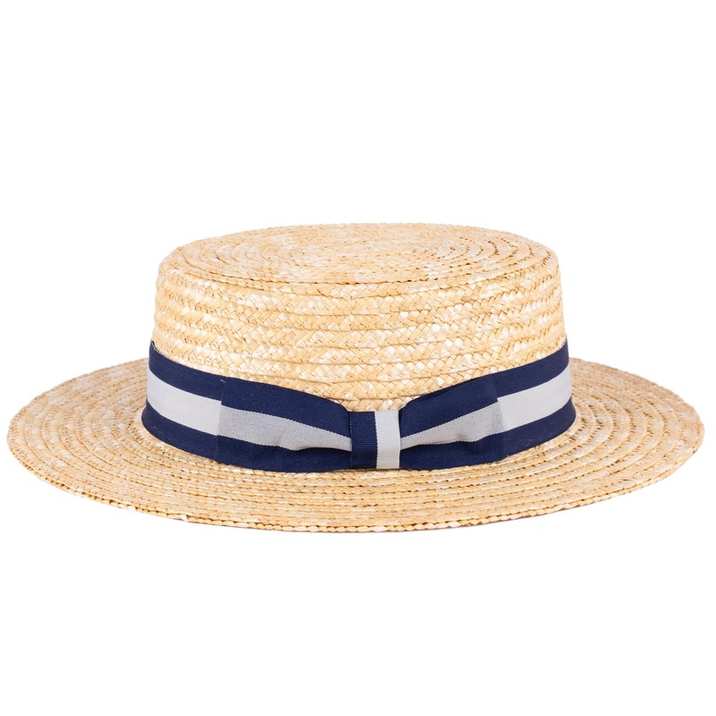 ZAKIRA Classic Straw Boater Hat Handmade from Natural Straw (Navy-Grey-Navy