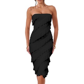 HOCILLE Women's Sexy Strapless Tube Top Bodycon Sleeveless Ruffle Midi Party Cocktail Dress, Medium, Black