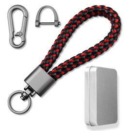 Aotoyou Leather Braided Key Fob Key Chain Short for Keys Car Keys, Black Red with 2 Key Rings