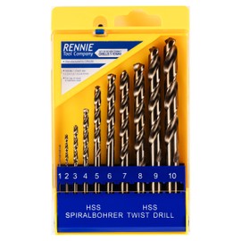 Rennie Tool Company 1-10mm HSS Cobalt Jobber Drill Bit Set With Storage Case - Drill Bits Set Of 10 Pieces For Stainless Steel, Aluminium, Hards Metals, Cast Iron, Plastic & Wood