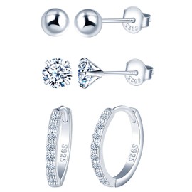 MICYUMI S925 Sterling Silver Earrings for Women Men 3 Pairs Earrings Set Cubic Zirconia Earrings Ball Stud Earrings Hoop Earrings, Silver