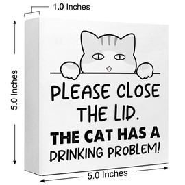 Funny Grey American Shorthair Bathroom Wood Block Signs,Rustic Please Close the Lid the Cat Has A Drinking Problem Wooden Box Sign for Bathroom Shelf Toilet Restroom Home Tabletop Desk Decor