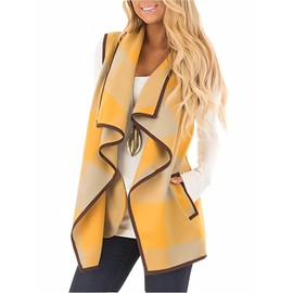 Unidear Womens Casual Autumn Buffalo Plaid Open Front Asymetric Hem Jacket Lapel Coat with Pockets Yellow L