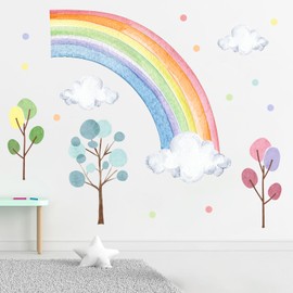 Mfault Watercolor Rainbow Wall Decals Stickers, Pastel Cloud Tree Polka