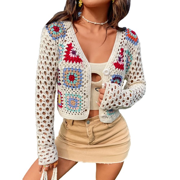 SHENHE Women's Floral Crochet V Neck Button Down Long Sleeve