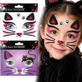 Cat Face Tattoo Stickers with Glitter Face Jewels, 2Pcs Cute Cat Self-adhesive Temporary Tattoo for Adult Kids Animal Makeup, Halloween, Cosplay Party Decoration Supplies