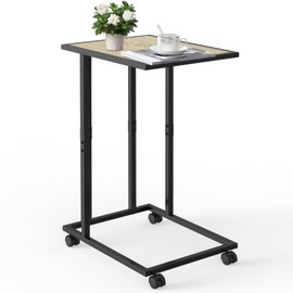 VAMFUTRE C-Shape End Table with Wheels & Locking Brakes – Portable Mobile Side Table, Rolling Nightstand for Living Room, Bedroom, Office,Space-Saving Design and Beige Wood Grain Finish