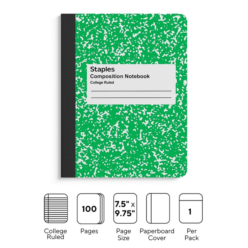 STAPLES Composition Notebook, 7.5” x 9.75”, College Ruled, 100 Sheets,