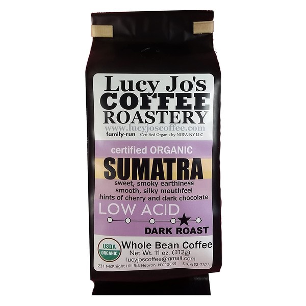 Lucy Jo's Coffee, Organic Sumatra, Low Acid, Dark Roast, Whole Bean, 11 oz.
