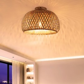 Kinberry Bamboo Ceiling Light, E27 Semi Flush Ceiling Lights Handmade Rattan Lampshade Boho Rattan Light Fixtures, Rattan Pendant Light for Hallway Corridor Passway Entryway Farmhouse
