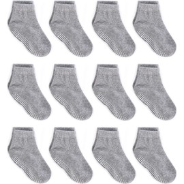 ZAPLES Baby Non Slip Grip Ankle Socks with Anti Skid Grippers Boys Girls Low Cut for Infants Toddlers Kids, Gray, 4-7 Years