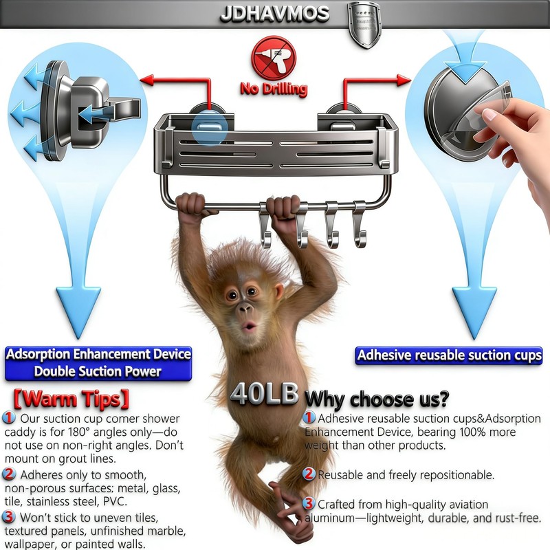 JDHAVMOS Suction Cup Shower Caddy - No Drilling Removable, Corner