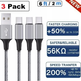 perf_essential 3-Pack Braided USB C Type-C Fast Charging Data SYNC Charger Cable Cord 3/6/10FT - 3Pack - 6 FT / 2 M Type-C Cable