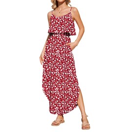 AUSELILY Womens Summer Dresses 2025 Adjustable Strappy Beach Sundress Casual Midi Dress with Pockets, Red Flower S