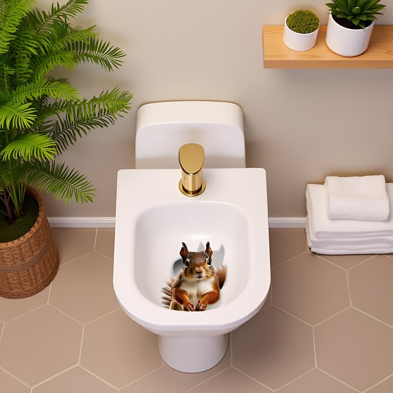 3D Squirrel Toilet Lid Decal, Brown Botanical Sticker, Waterproof Vinyl,