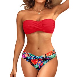 Conjunto de bikini bandeau sin tirantes para mujer, traje de baño de dos piezas con lazo lateral, Rojo (Red Floral), X-Large