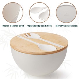ECOHAGOU 11.3" Extra Large Salad Serving Bowl Set with Wooden Lid&Utensils, 6.5Qt., Bamboo Fiber Salad Bowl with Servers for Kitchen, Lightweight Big Bowl for Mixing Salad,Fruit,Pasta (Matte White)