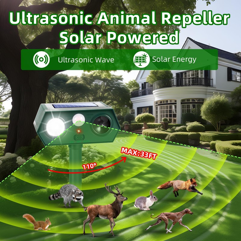 2 Pack Ultrasonic Solar Animal Repellent Cat Deterrent Outdoor,Deer Repellent