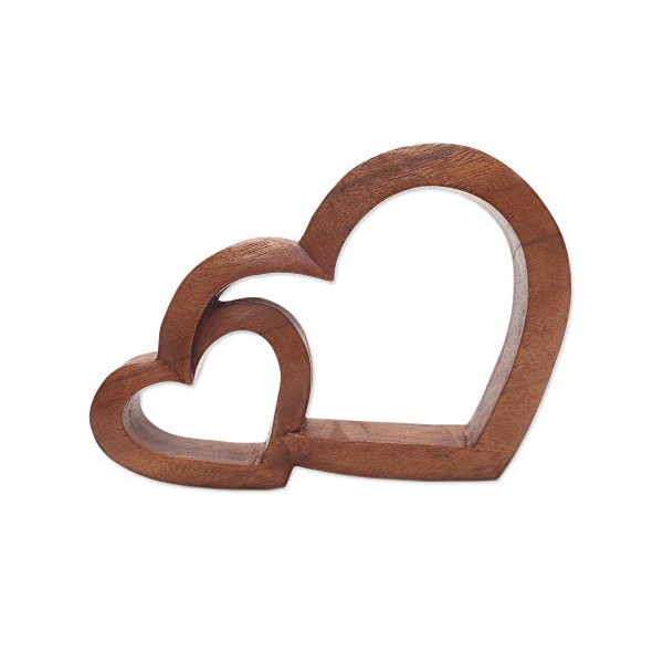 NOVICA Brown Heart Shaped Carved Wood Sculpture, Warm Hearts'