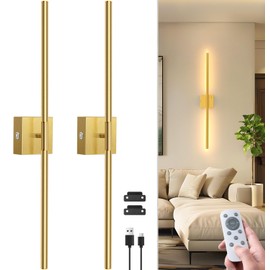 NIORSUN 28 Inch Battery Operated Wall Sconce Set of 2, 360° Rotation Gold Rechargeable Wall Lights with Detachable Tube and Remote, 3CCT Dimmable Wireless Wall Lamp for Living Room Bedroom Hallway