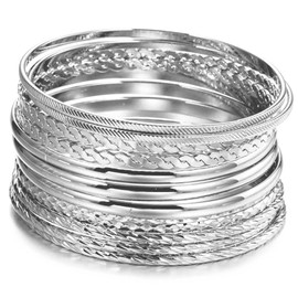 YSFVNP 10 Pcs Silver Bangles for Women, Silver Bangle, Ethnic Glossy Textured Bracelets Bangles for Womens Minimalist Bracelet Set for Women Suitable for Women Wedding Dating