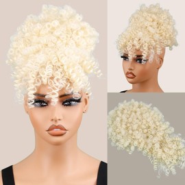 builson Drawstring Ponytail for Black Women, Afro Puff Kinky Curly Hair Ponytail Extension with Bangs Updo Natural Hair Ponytail (613 Light Blonde)