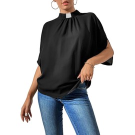 Womens Church Clergy Shirt Tab Collar Pleated Batwing Sleeves Blouse Top Black