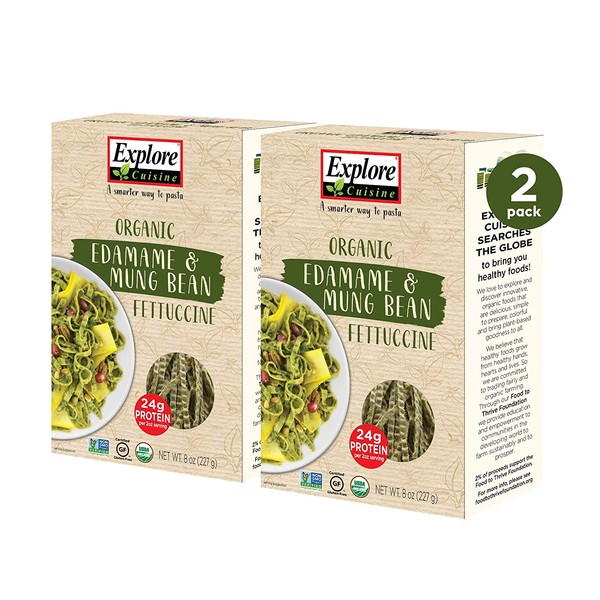 Explore Cuisine Organic Edamame & Mung Bean Fettuccine (2 Pack) - 8 oz - Easy to Make Gluten-Free Pasta - High Protein - USDA Certified Organic, Non-GMO, Vegan, Kosher - 8 Total Servings