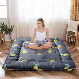 MAXYOYO Grey Pineapple Japanese Floor Futon Mattress, Tatami Floor Mat Portable Camping Mattress Kids Sleeping Pad Foldable Roll Up Floor Lounger Couch Bed Twin Size with Mattress Protector Cover