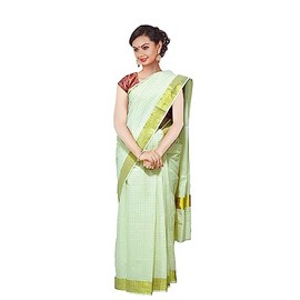 Kerala Saree Women's Cotton Cream Color Off White Solid Plain Golden Zari Bordered Traditional Elegance Onam Special Kavasu Saree (Checked Design-2)
