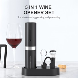Electric Wine Opener Set Type-C Rechargeable Automatic Electric Wine Bottle Opener with Pourer / Foil Cutter / Vacuum Preservation Stopper / Charging Base for Home Party Bar Outdoor Gift