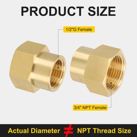 PATIKIL 1/2" G Female x 3/4" NPT Female Brass Pipe Fitting, Pipe Extension Connectors Reducer Adapter for Air LP Gas Oil with PTFE Tape - 2PCS