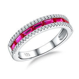 DAYBYDAY Ruby Ring 925 Sterling Silver Channel Set Emerald Cut Anniversary Band Red Rings for Women Size 6