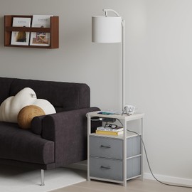 SUNMORY Floor Lamp with Table & 2 Drawers, Lamp with USB Port and Outlet, Lamps for Nightstand with 3 Color Temperature Led Bulb Included, Floor Lamps for Living Room, Bedroom and Home Office, Grey