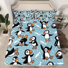 jejeloiu Cute Puffin Bed Sheets Set Twin Size Puffin Bird Drawing Sheet Set for Kids Boys Girls Decor Cute Animal Fishing Sheets with Deep Pocket Fitted Sheet Microfiber Snowflake Bedroom
