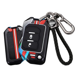 HIBEYO Flip 2 Button Key Fob Cover Compatible with Jeep Wrangler JL JLU Gladiator 4XE 2018-2021 Accessories Metal Painted Sports Style Key Shell with Alloy Leather Keychains-2 Button Black