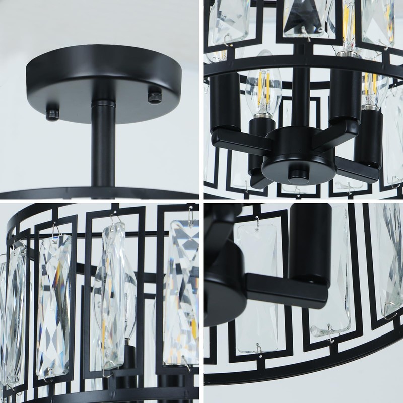 KMaiPem 4-Light Modern Crystal Semi Flush Mount Ceiling Light, Farmhouse