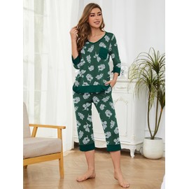 KORSIS Pajamas Set for Women 2 Piece Floral Printed PJ Sets Lounge Sleepwear Green Withe XXL Lightweight 3/4 Sleeve Top and Capri Pants with pockets