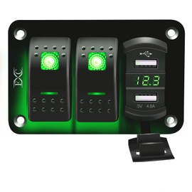 FXC 12V 24V DC 2 Gang Rocker Switch Aluminum Panel with Voltmeter & Dual USB(4.8 A) Fast Charging, Green Backlit Led, Pre-Wired Waterproof for Marine, Boat, Car, Truck, Polaris, Jeep (Green)