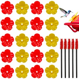20 Pack Hummingbird Feeders Replacement Flowers with 5 Pcs Cleaning Brush, Decorative Flower Bird Feeder Replacement Parts Feeding Ports Hummingbird Feeders for Outdoors Hanging Feeder, Red and Yellow