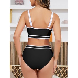 SHEKINI Women's Sporty Bikini Sets Two Piece High Waisted Swimsuits Tummy Control Scoop Neck Color Block Cheeky, Black, X-Small