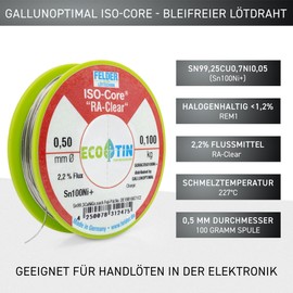 GALLUNOPTIMAL by FELDER Soldering Wire Sn100Ni+ for Stronger Oxidized Soldering Points | 0.5 mm | 100 g Spool | Lead-Free with 2.2% Flux RA-Clear | REM1 | for Electronics, Cables and Electrical