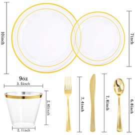 bUCLA 300Pcs Clear Gold Plastic Disposable Dinnerware Set - Clear Plates with Gold Trim Include 50 Dinner / 50 Dessert Plates,50 Cups,150 Plastic Silverware Set for Party&Wedding
