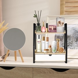 Bathroom Counter Organizer with Drawer, Countertop Makeup Organizer for Vanity, Wood Tray for Perfume Skincare Organizer, 2-Tier Multi-Purpose Shelf for Kitchen Bathroom Organizers and Storage(White)