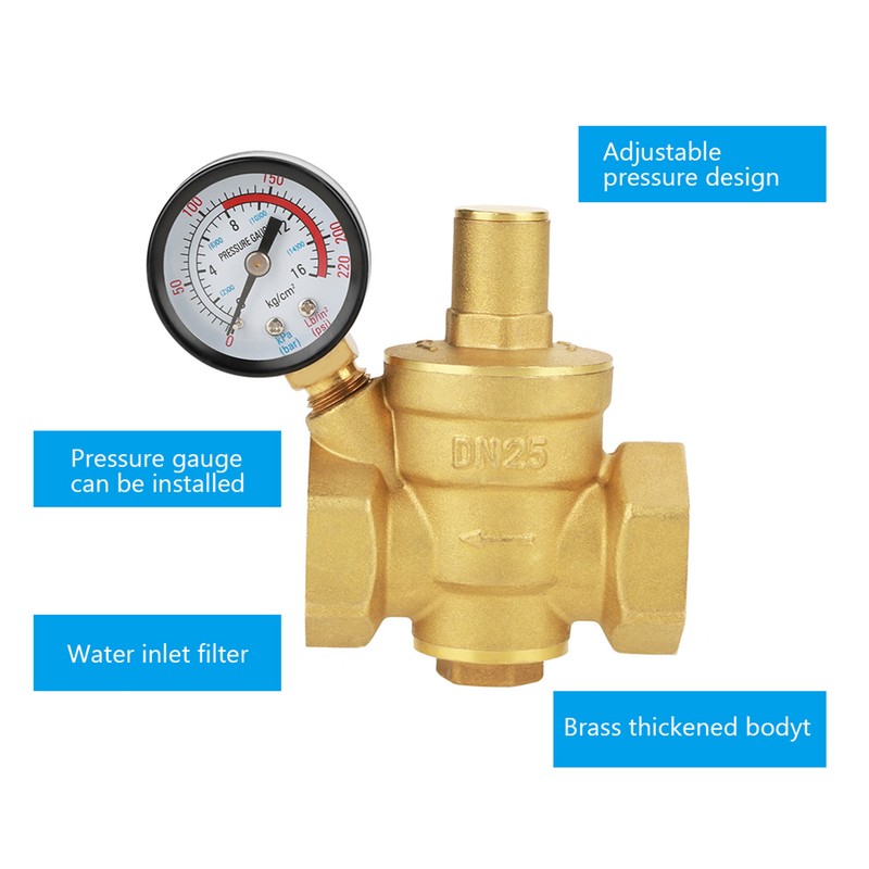 DN25 Brass Adjustable Water Pressure Reducing Regulator Reducer Gauge Meter
